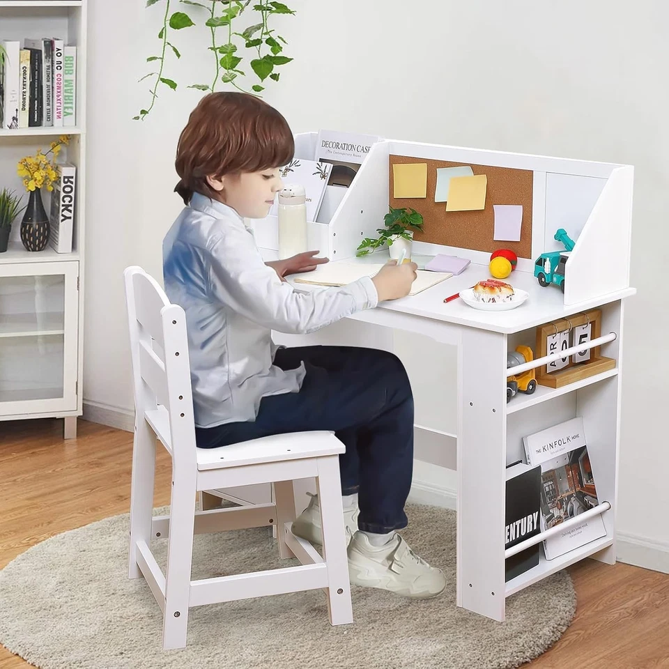 Juego de escritorio y silla de estudio para niños mesa de aprendizaje con estantería y tablón de anuncios Foto 4 de 4