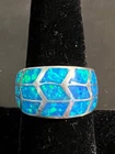 VTG 925 Sterling Silver  Fire  Blue  Lab Opal Zig Zag Inlay Band Ring Size 8.5