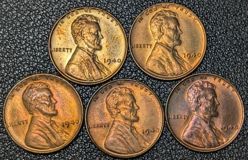 Lot of 5x 1940 Copper Lincoln Cents - BRIGHT RED UNC! - Ships Free!