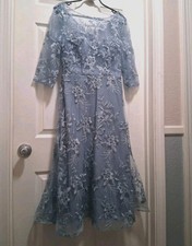 New Mother of the Bride Floral Lace Overlay Tea-Length Dress Women Mist Blue