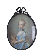 Miniature ancienne Fillette au chat Cadre argent fleur de lys Perronneau louis
