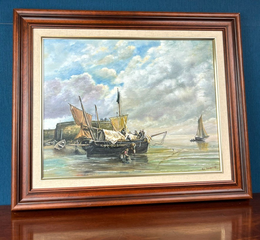 Ron Bearmore Oil Painting Fishermen Near Rotterdam Framed Seascape Harbour Art image 4