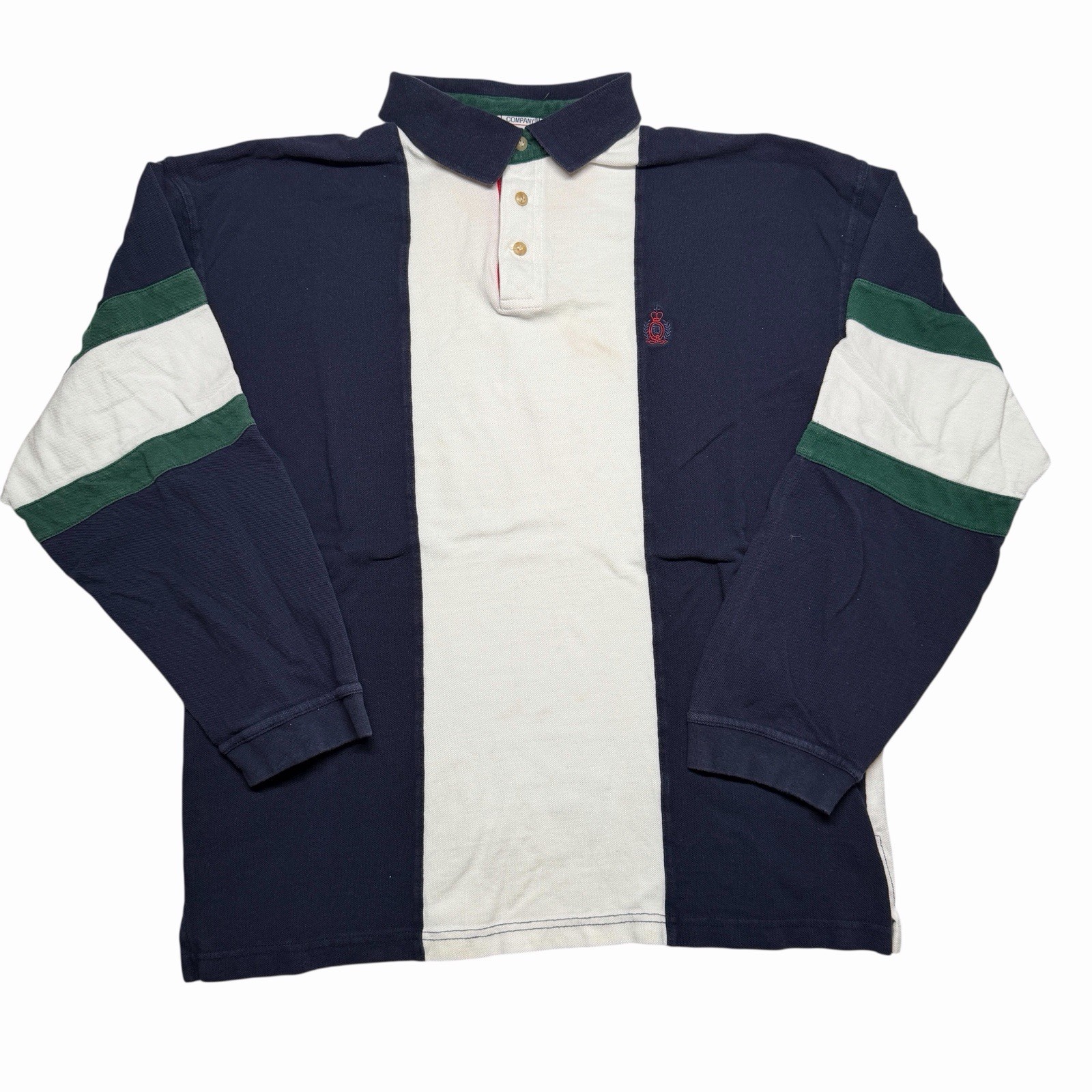 VTG 90s Bugle Boy Company Rugby L/S Polo Shirt Size Large Logo Crest Striped