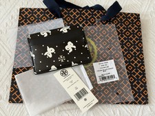 Tory Burch Emerson Printed Slim Card Case Black Tossed Bow Silver Black White