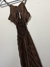 Beautiful Chocolate Brown Pleated Backless Maxi Evening Dress Size S New No Tags