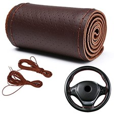 Car Steering Wheel Cover Universal Fit Round Stitch Steering Wheel Wrap Coffee