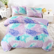 Faux Fur Comforter Set Size for Girls Tie Dye Plush Shaggy Queen Teal Purple