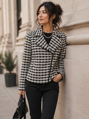 Cupio Tweed Moto Jacket Women s XL Black Cream Plaid Zip Career Blazer Chic