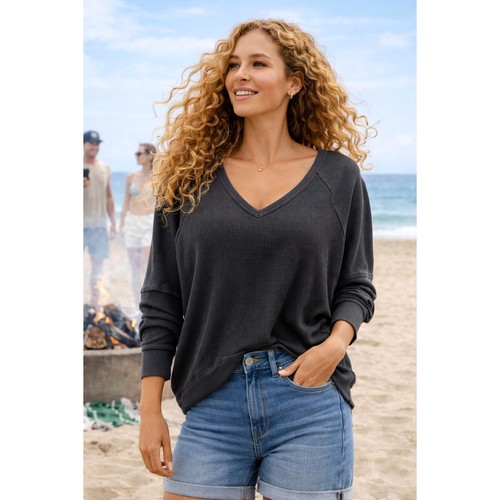 Free People Santa Clara Haut côtelé oversize noir anthracite S - Photo 1/16