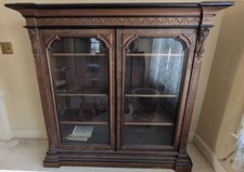 New England Antique Carved Wood Glass Doors Bookcase Early 1900s