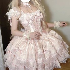 Abito Lolita Donna Balze Pizzo Fiocco Con Lacci Collo Quadrato A-Line Corto
