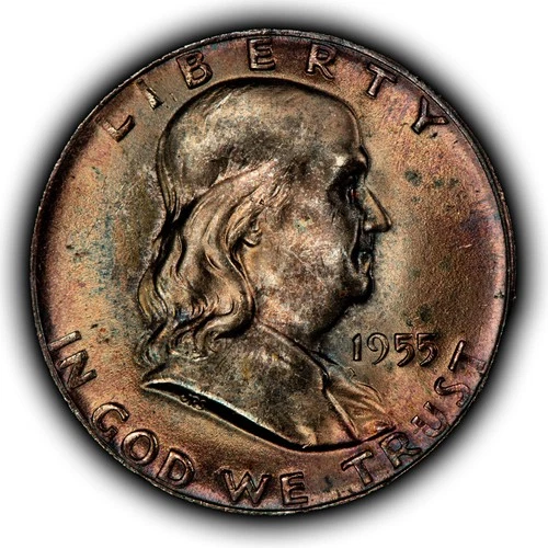 1955 50c Franklin Silver Half Dollar - PQ Colorful Toning - BU - SKU-Z5880