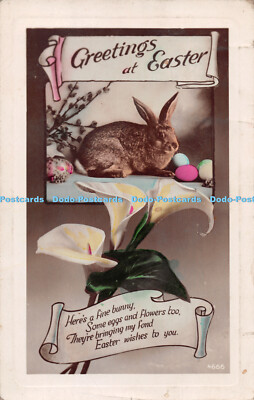 R289240 Grüße zu Ostern Hase 4666 Hier ein feiner Hase einige Eier und Blume