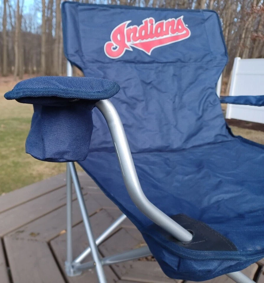 Indians Script Front /Chief Wahoo on Back Tailgate Quad Folding Chair Cup Holder - Image 3 of 4