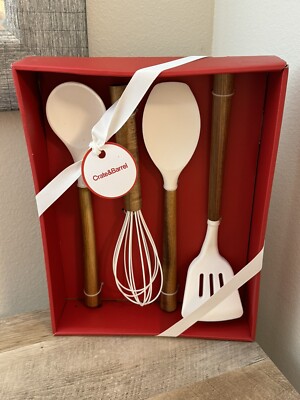 Crate And Barrel Boxed Set Of 4 Kitchen Utensils Whisk Spatula Ladle Spoon Wood 