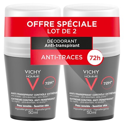 VICHY Extreme Control 72h Men Roll On Deodorant Anti-Perspirant 50ml - PACK OF 2