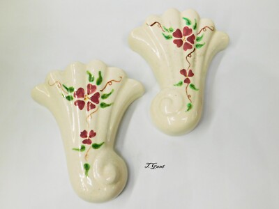 Pair of Vintage Pottery Wall Pockets Cornucopia Flowers Morning Glory Clematis
