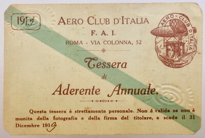 AERO CLUB D ITALIA F.A.I. ROME ANNUAL DRIVER MEMBER CARD 1919