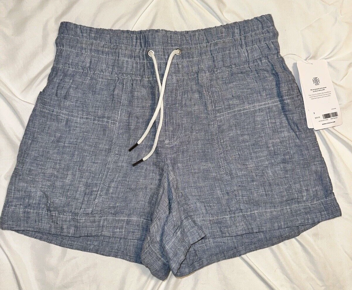 New Athleta Shorts Cabo Linen Size 2 Blue Easy Care Light weight Elastic Drawstr
