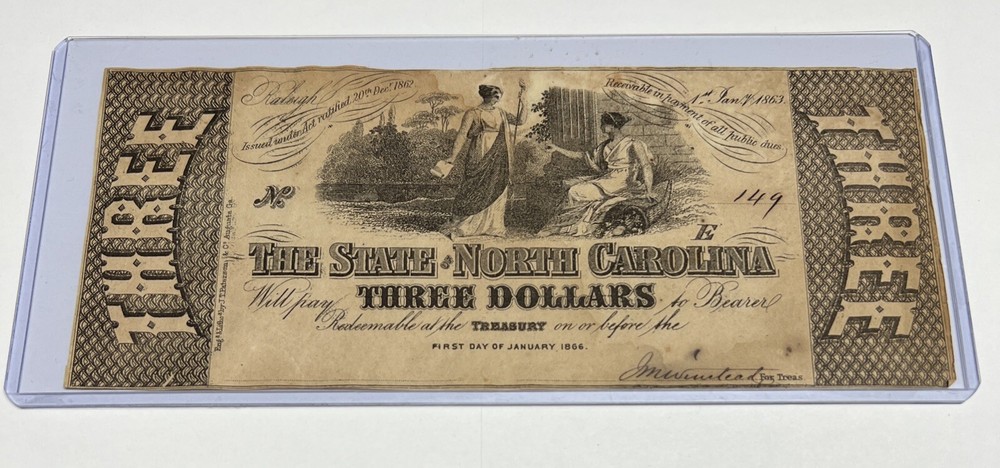 AU 1863 $3 State of NORTH CAROLINA Obsolete Currency Note NC Three Dollars BIN