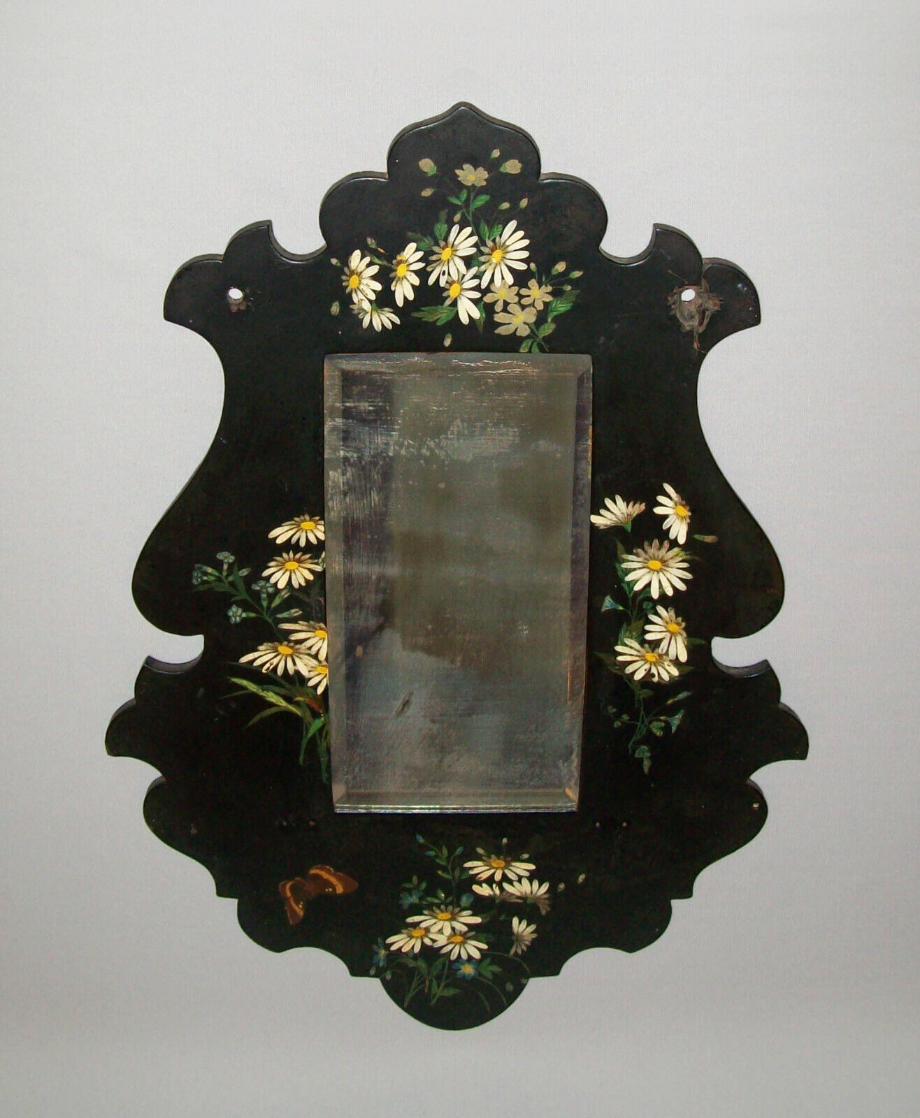 Antique Vtg 19th C 1850s Lacqure Paper Mache Wall Mirror 18 X 12 Original Paint