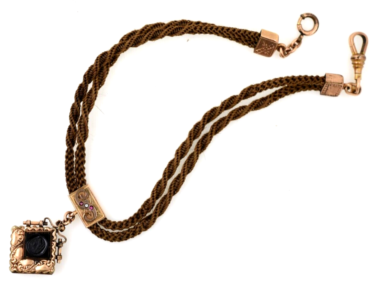 Victorian Watch Chain Woven Hair 12” W/ Fancy Locket NR