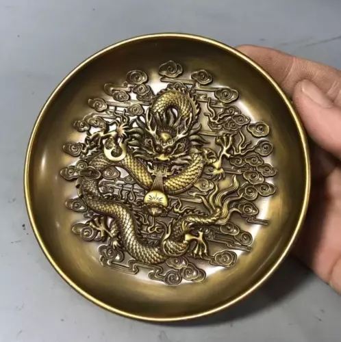 Fortune Chinese bronze dragon statue collectable tea pet plate home decor Art - Picture 3 of 6