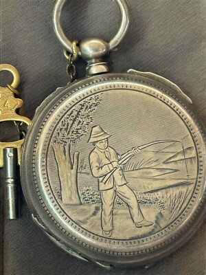 Antique Pocket Watch Mechanical Fisher Silver Swiss Key Open Face Chain Rere Old