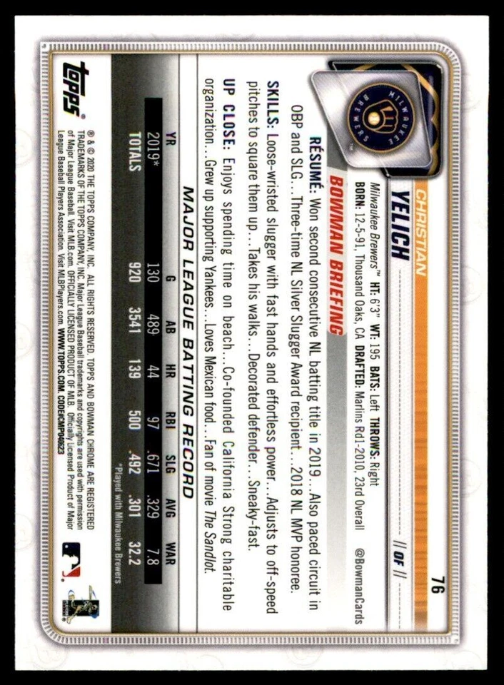 2020 Bowman Chrome Christian Yelich Baseball Card Milwaukee Brewers #76 - Image 2 of 2