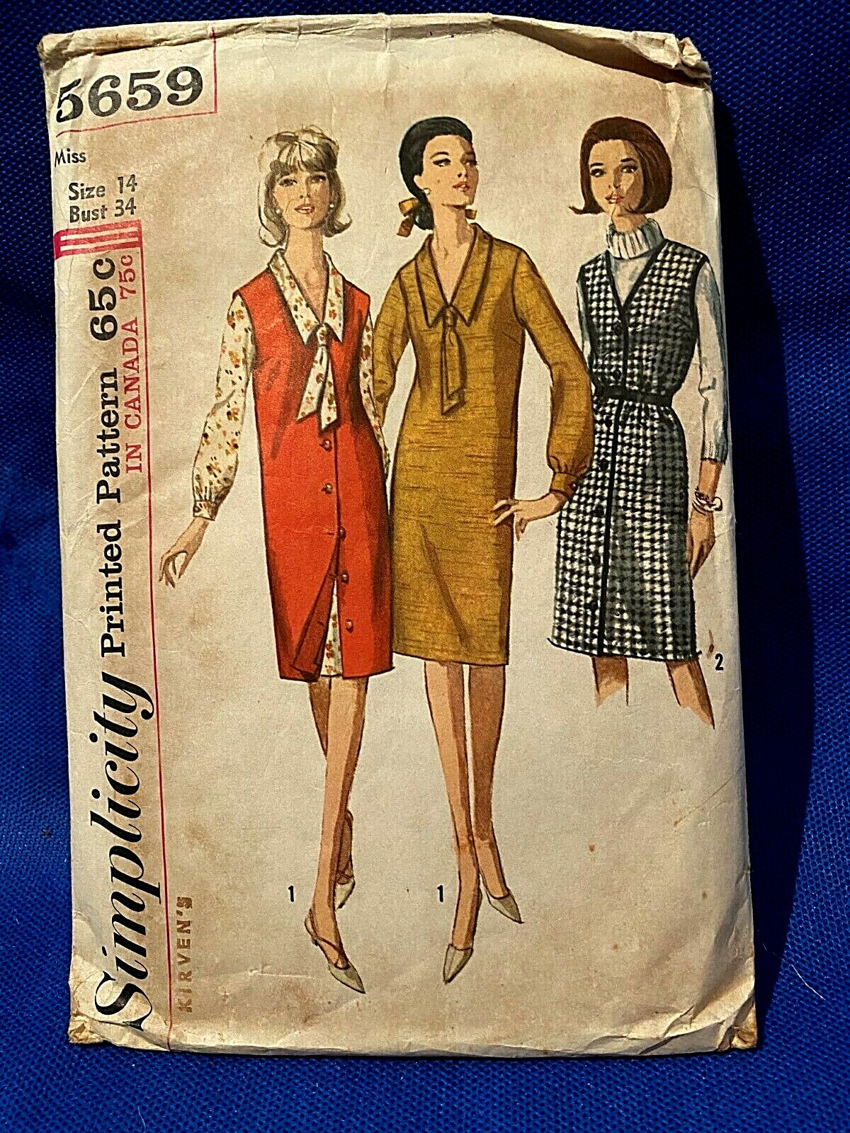 Vintage 1960s Simplicity Pattern One Piece Dress, Jumper,Tie Size 14