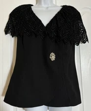 Vtg Cachet Bari Protas black Short Sleeve blazer lace collar shoulder pads sz 10