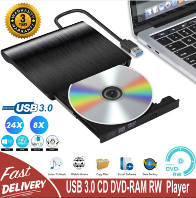 Slim External CD DVD Drive USB 3.0 Disc Player Burner Writer For Laptop PC Mac