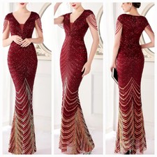 Burgundy Graphic Print, Contrast Sequined, Draped Rhinestone, Mermaid G…
