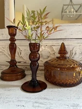 Vintage Lot of 3 Amber Glass Covered Candy Dish Candlesticks Candle Holders