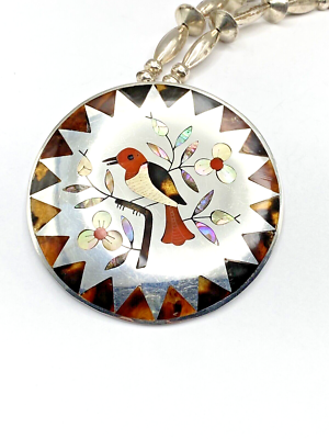 Multi Stone Inlay Pendant Sterling Bench Melon Disk Beads Multi Stone Inlay Pendant Sterling Bench Melon Disk Beads