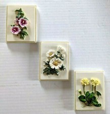 Lot Of 3 Small Decorative 3D Floral Wall Plug Tiles Resin (?) Cream Painted 2"*3