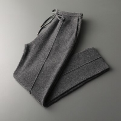 Men's 100% Pure Wool Pants Cashmere Thickened Outer Knitted Warm Solid Color
