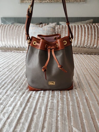 Dooney Bourke Gray Dillen Bucket Drawstring Shoulder Bag Pebbled Leather