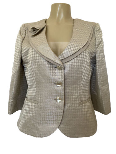 Armani Collezioni Blazer Jacket Ruffle Neck Metallic Beige 3 Button 3/4Sleeve 10