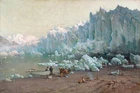 Excellent Oil painting Muir Glacier, Alaska winter landscape with fishermen art