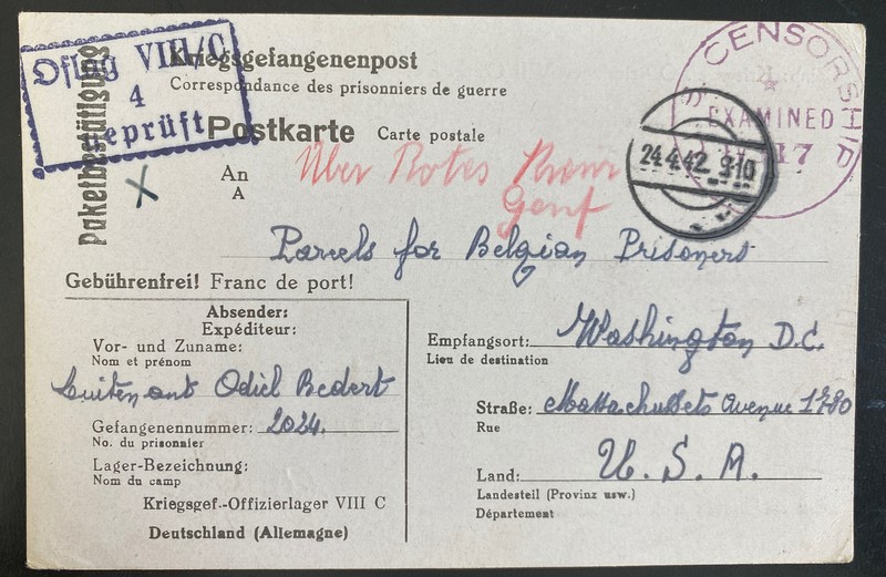 1942 Germany POW Camp Oflag 8C Postcard Cover To Belgian Prisoners Washington