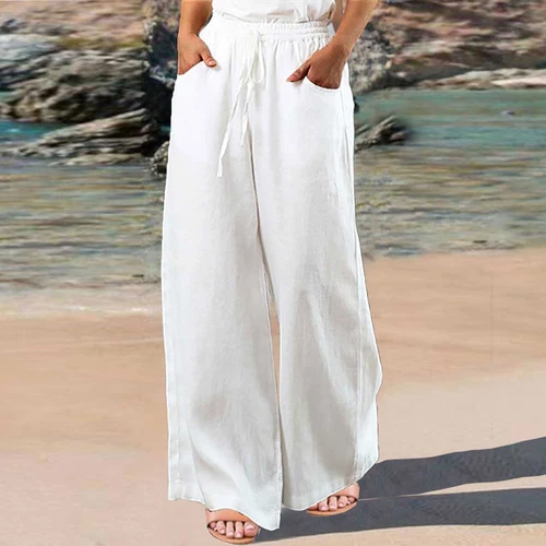 Women Cotton Linen Pants Solid Wide Leg Casual Loose Pants High Waist Trousers - Bild 11 von 36