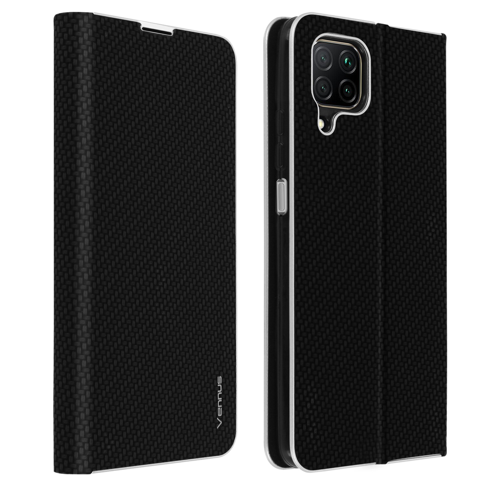 Protection Huawei P40 Lite noire carbone clapet porte-carte et support