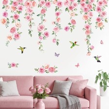Pink Flowers Wall Decal Peel and Stick, Vinyl Hanging Vine Floral Wall Sticke...