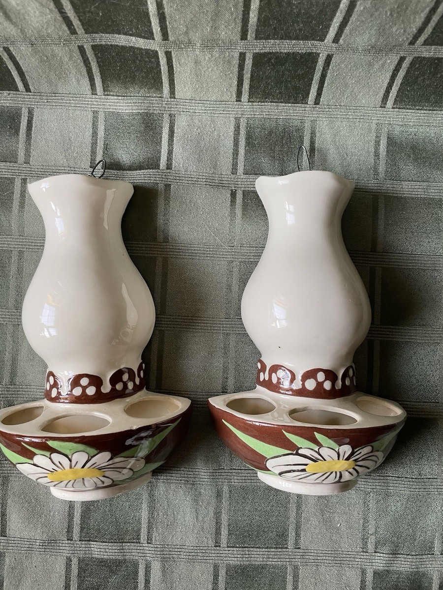 Vintage Wall Pockets Set Of 2 Hand Painted Floral 1950s RARE