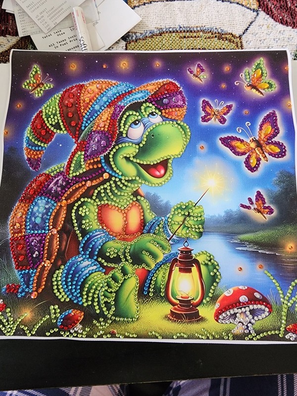 Diamond Painting Canvas Kit Rhinestone Dot Art Turtle w/ Butterflies Lantern