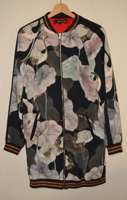Lange Bomberjacke Damen Zara Trafaluc Oversized Blumen & Vogelmuster Reißverschluss S-M