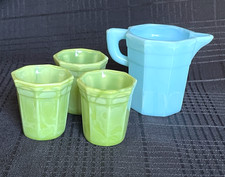 Akro Agate Child's PARTIAL Water Dish Set 3 Jadeite Slag Glasses  Blue Pitcher