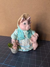 Vintage Ceramic Pig Figurine with Piglet   Pastel Farmhouse Decor Signed  Date
