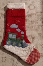 POTTERY BARN KIDS TRAIN ENGINE QUILTED CHRISTMAS STOCKING 2006 RED GINGHAM PBK 